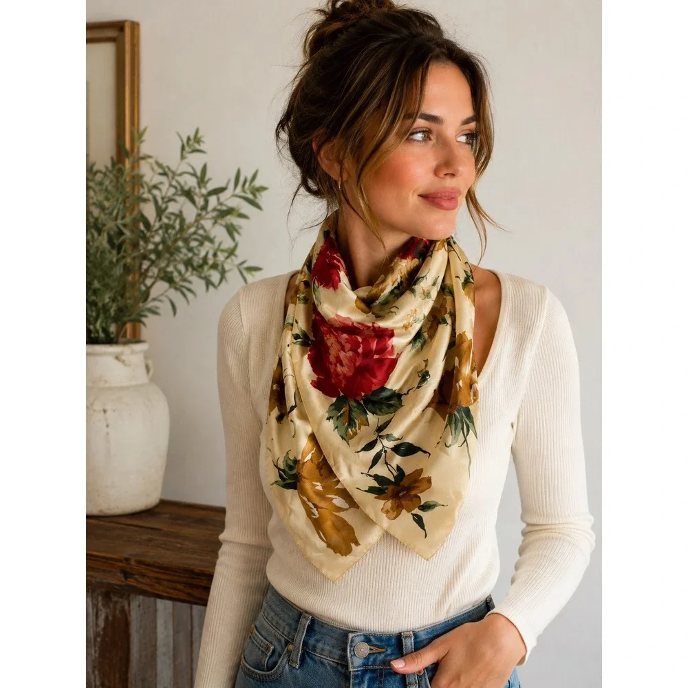 Echo Floral Scarf Womens OS Beige Good Silk Like Rectangular Botanical 11x52
